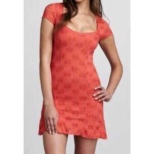Free People Dress Womens Size S Square Neck Floral Eyelet Flare Hem Boho Orange